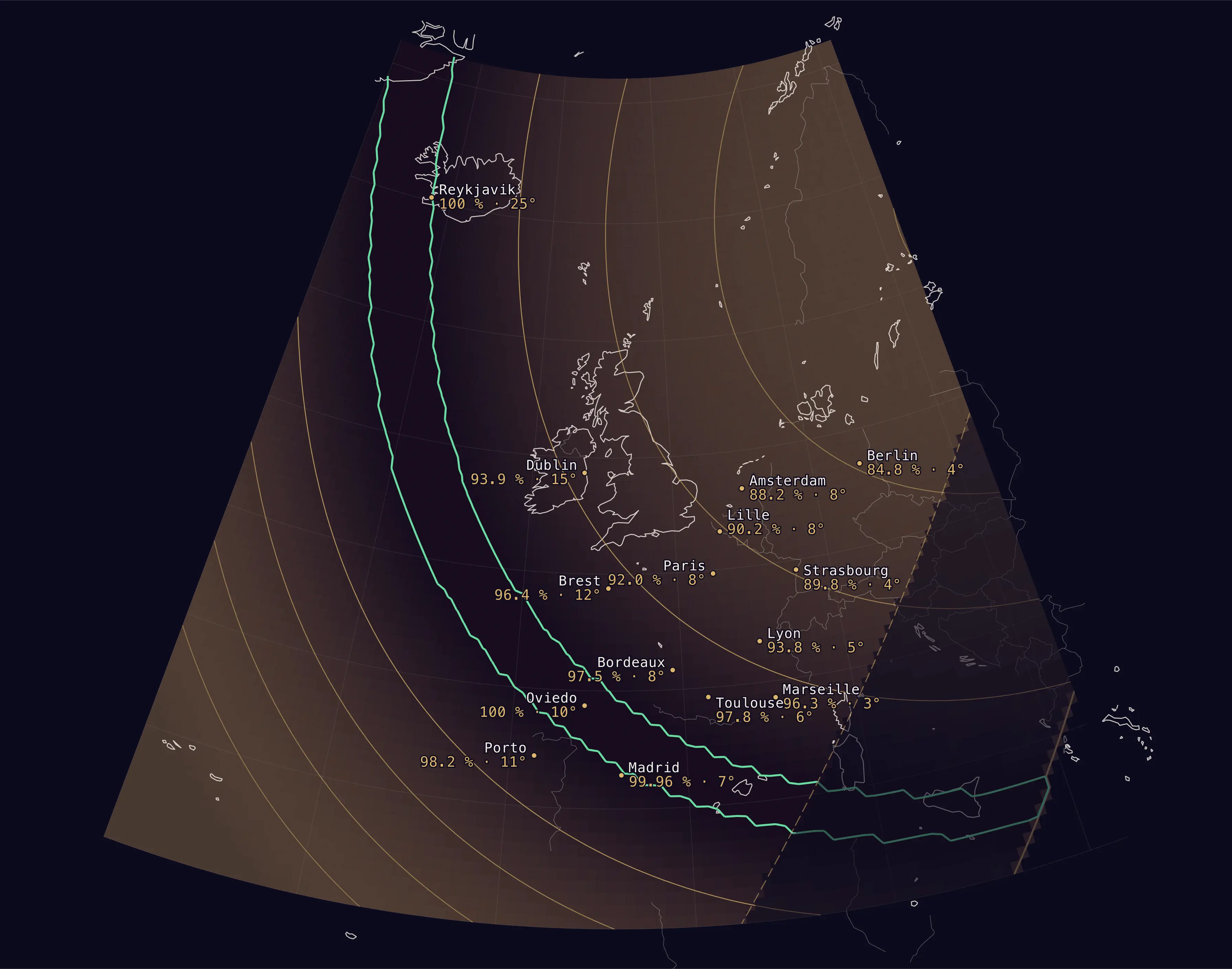 Computed map of the maximum solar obscuration on 12 August 2026 over western Europe, with coastlines, borders, contour lines and fifteen reference cities.