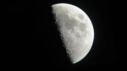 Une Lune gibbeuse photographiée au télescope : le long de la ligne d'ombre, les cratères sortent en relief sous la lumière rasante, tandis que la partie pleinement éclairée paraît plate.