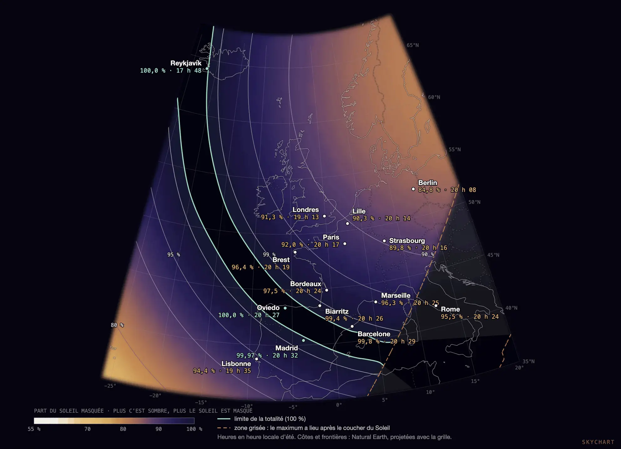 Carte de l’obscuration solaire du 12 août 2026 sur l’Europe de l’Ouest, calculée sur une grille de 3 233 points, avec côtes et frontières, isolignes et villes repères annotées de leur obscuration et de l’heure locale du maximum.